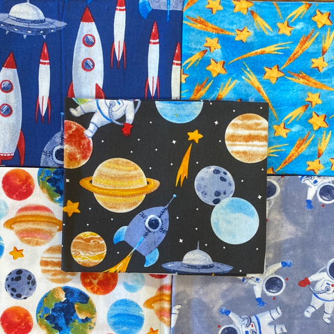 Into the Galaxy boys space rockets spaceman Fat Quarters pack 100% cotton Kaye’s textiles Southend Westcliff Essex sewing patchwork crafts projects