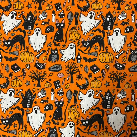 Halloween Polycotton Print  - Ghosts & Cats - Orange - Sold by Half Metre