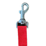 A silver swivel clip with some red strapping attached.  Kayes Textiles Fabrics.