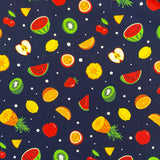 A navy cotton fabric with small fruit salad items all across the fabric icluding watermelons, lemons and apples. Kayes Textiles Fabrics.