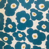 A white viscose fabric with large teal pansy flowers all over. Kayes Textiles fabrics.