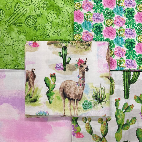 Along the Andes Llama cactus pretty Green pink Fat Quarters pack 100% cotton Kaye’s textiles Southend Westcliff Essex sewing patchwork crafts projects