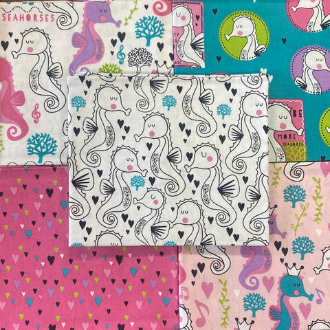 Seahorses pretty pastel sweet little seahorses Fat Quarters pack 100% cotton Kaye’s textiles Southend Westcliff Essex sewing patchwork crafts projects