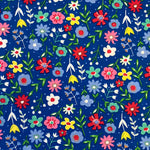Cute dolly mixture floral royal Blue Multicoloured Kayes Textiles design 100% cotton dressmaking Southend Westcliff sewing fabric craft clothes pattern fabric shops Metre discount cheap 