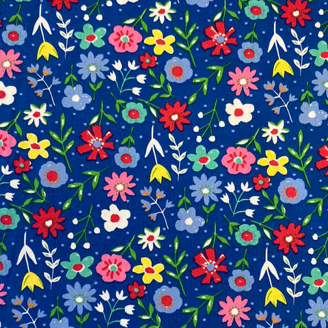 Cute dolly mixture floral royal Blue Multicoloured Kayes Textiles design 100% cotton dressmaking Southend Westcliff sewing fabric craft clothes pattern fabric shops Metre discount cheap 