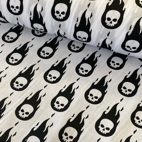 Polycotton Children's Print - Flaming Skulls - White - £3.00 Per Metre - Sold by Half Metre