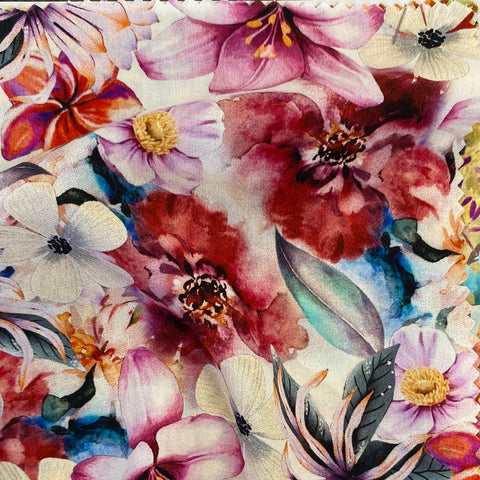 a floaty viscose fabric with a mix of pink  water colour flowers Kayes Textiles Fabrics