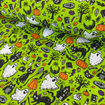 Halloween Polycotton Print  - Ghosts & Cats - Lime - £3.00 Per Metre - Sold by Half Metre