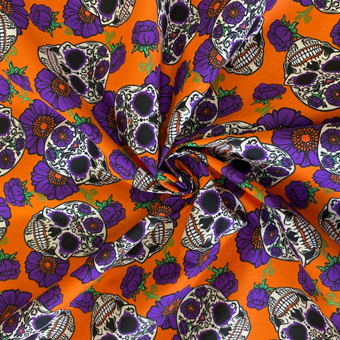 Halloween Polycotton Print  - Floral Candy Skulls - Orange - £3.00 Per Metre - Sold by Half Metre