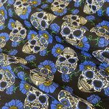 Halloween Polycotton Print  - Floral Candy Skulls - Blue - £3.00 Per Metre - Sold by Half Metre