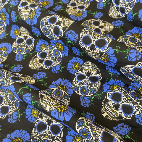 Halloween Polycotton Print  - Floral Candy Skulls - Blue - £3.00 Per Metre - Sold by Half Metre