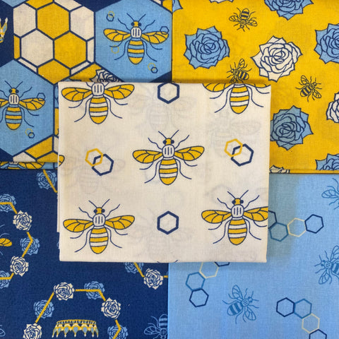 Bees Blue and yellow Fat Quarters pack 100% cotton Kaye’s textiles Southend Westcliff Essex sewing patchwork crafts projects