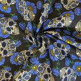 Halloween Polycotton Print  - Floral Candy Skulls - Blue - £3.00 Per Metre - Sold by Half Metre