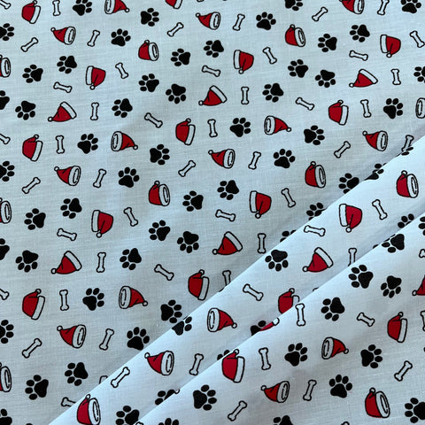 Christmas Polycotton Prints - Christmas Paws  - White - £3.00 Per Metre - Sold by Half Metre