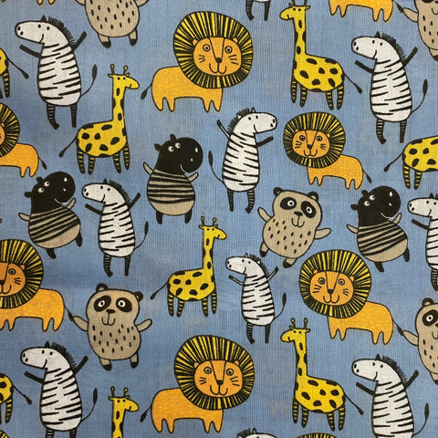 Remnant 150110 0.65m Polycotton Zoo Aniamls Blue - 112cm wide approx