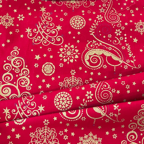 100% Cotton - Christmas - Metallic Swirly Christmas Trees - £9.50 Per Metre -  Sold by Half Metre