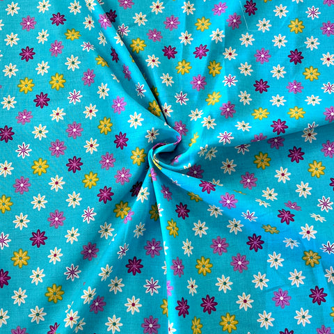 100% Cotton (Craft)  - Cute Summer Flowers - Turquoise - £6.50 Per Metre -  Sold by Half Metre