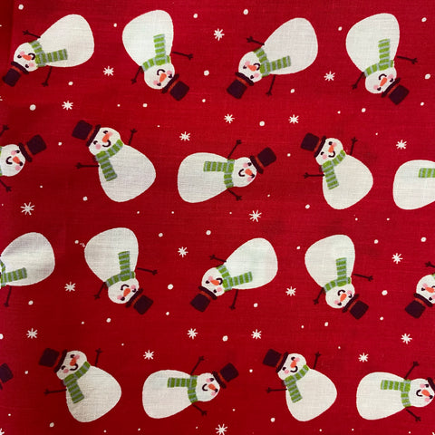 Remnant 141003 0.6m Polycotton Christmas - Snowman Red- 112cm Wide