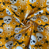 Halloween Polycotton Print - Skulls and Spiders - Orange - £3.00 Per Metre -  Sold by Half Metre