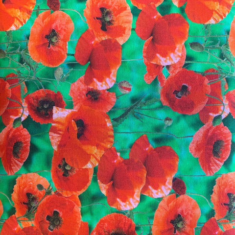 Poppy poppies green red poppy day Kayes Textiles 100% cotton dressmaking Southend Westcliff sewing fabric craft clothes pattern fabric shops Metre 