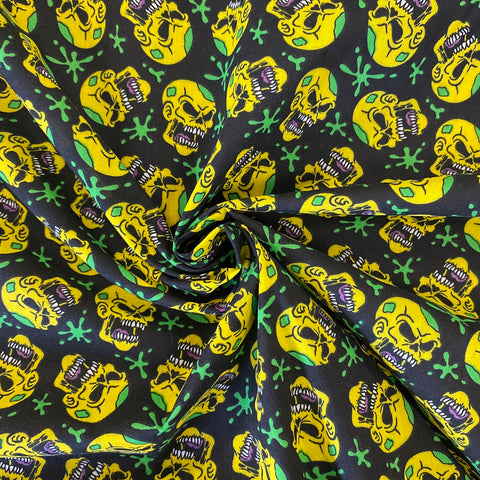 Halloween Polycotton Print  - Dead Funny - Yellow - £3.00 Per Metre - Sold by Half Metre