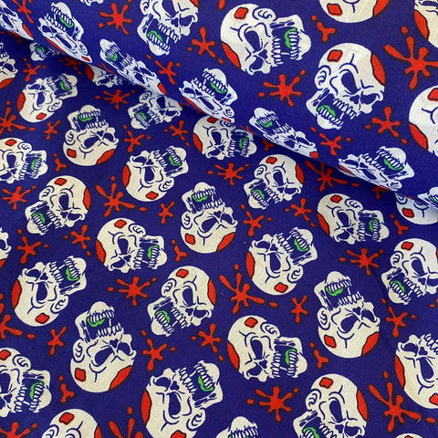 Halloween Polycotton Print  - Dead Funny - Blue - £3.00 Per Metre - Sold by Half Metre