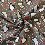 Christmas Polycotton Prints - Candy Cane Penguins - £3.00 Per Metre - Sold by Half Metre