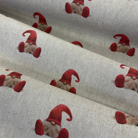 Christmas Linen look - Red Gonk - £10.50 Per Metre - Sold By Half Metre