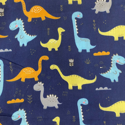 Remnant 021120 0.8m x 1.15m Navy Smiling Dinosaurs Polycotton