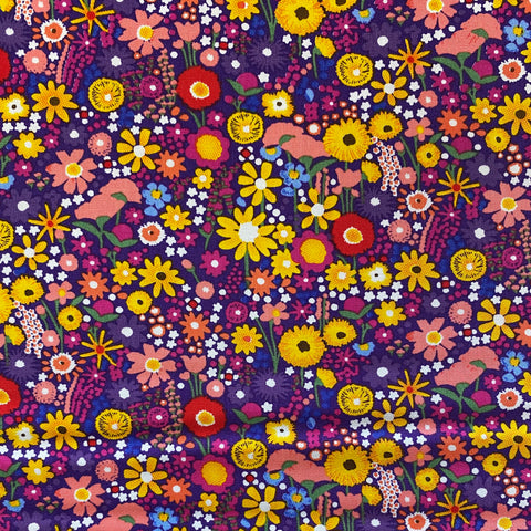 multicoloured pinks purples yellow small floral patchwork craft cotton fabric perfect for summer clothes dresses tops lightweight cool Kayes 100% cotton dressmaking Southend Westcliff sewing fabric cool clothes pattern fabric shops Metre discount cheap 