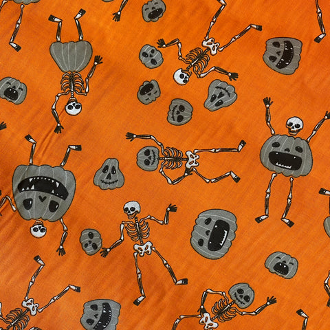 Halloween Polycotton Print - Pumpkin Skeleton - Orange - Sold by Half Metre