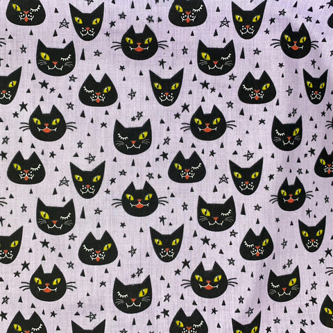 Halloween Polycotton Print - Cat Faces - Lilac - Sold by Half Metre