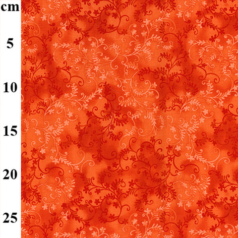 An orange marble design cotton with a twisting vine design all over. Kayes Textiles Fabrics. 