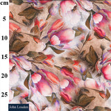 A floaty viscose fabric with pink blurred flowers and leaves Kayes Textiles Fabrics