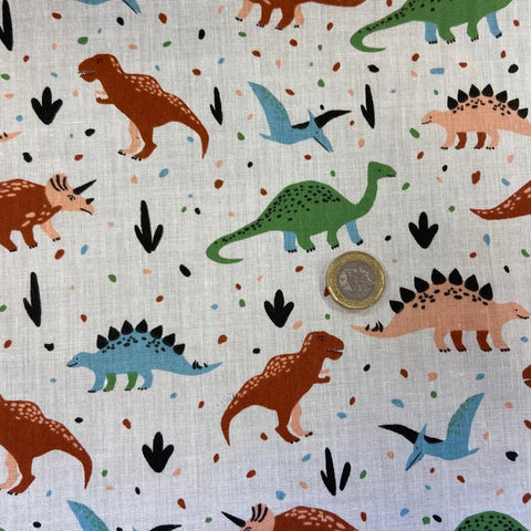 Polycotton Children's Print - Colourful Dinos - White - Sold by Half Metre