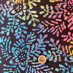 batik 100% cotton fabric multicoloured on black background perfect for summer clothes dresses tops lightweight cool Kayes 100% cotton dressmaking Southend Westcliff sewing fabric craft clothes pattern fabric shops Metre discount cheap 