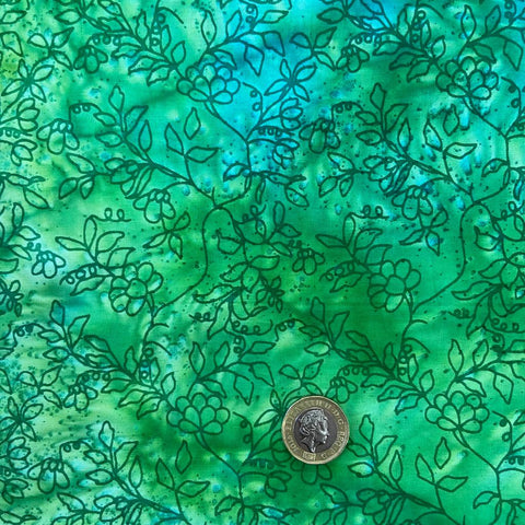 batik 100% cotton fabric green floral perfect for summer clothes dresses tops lightweight cool Kayes 100% cotton dressmaking Southend Westcliff sewing fabric craft clothes pattern fabric shops Metre discount cheap 