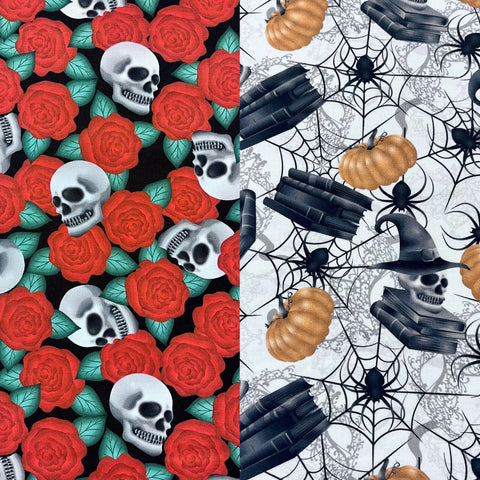100% Organic Craft Cotton - Halloween Fabrics Skulls and Roses and Witches Hut