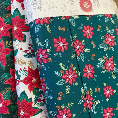 100% Craft Cotton- Christmas Poinsettia Designs - Select Design - £8.50 Per Metre - Sold by Half Metre