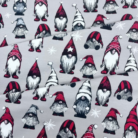 Christmas Brushed French Terry Jersey - Light Grey Gnomes  - £14.50 Per Metre - Sold By Half Metre