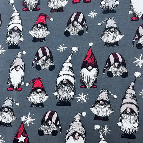 Christmas Brushed French Terry Jersey - Dark Grey Gnomes  - £14.50 Per Metre - Sold By Half Metre