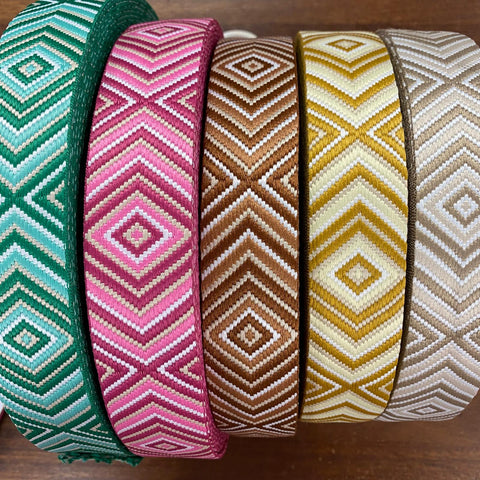 Geometric 4cm Wide Bag Strapping in 5 Colours Green, Pink, Brown, Gold and Beige