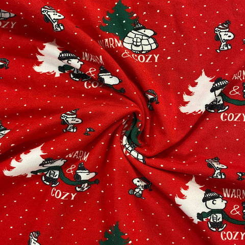 Cotton Jersey - PEANUTS SNOOPY WARM AND COSY CHRISTMAS  - £10.00 Per Metre - Sold By Half Metre