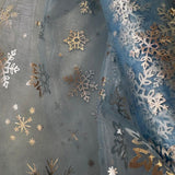 Snowflake Organza - Metallic Silver on Pale Blue - Sold By Half Metre