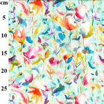 a floaty viscose aqua colour fabric with watercolour flowers  Kayes Textiles Fabric