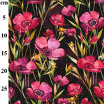 a floaty viscose fabric with large magenta flower on black background Kayes Textiles Fabric