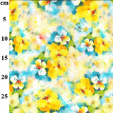 a floaty viscose fabric with a mix of blue and yellow water colour flowers Kayes Textiles Fabrics