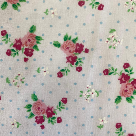 Remnant 210403   2.75m x 1.15m Pink Floral with Blue Dots on White Polycotton  Just £8