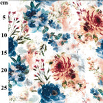 A floaty viscose fabric with rose and teal flower blooms on an ivory background  Kayes Textiles Fabrics