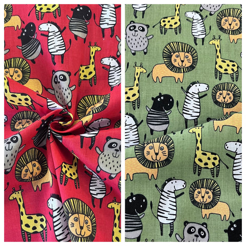 Polycotton Zoo Animals - Red and Green - Sold by Half Metre